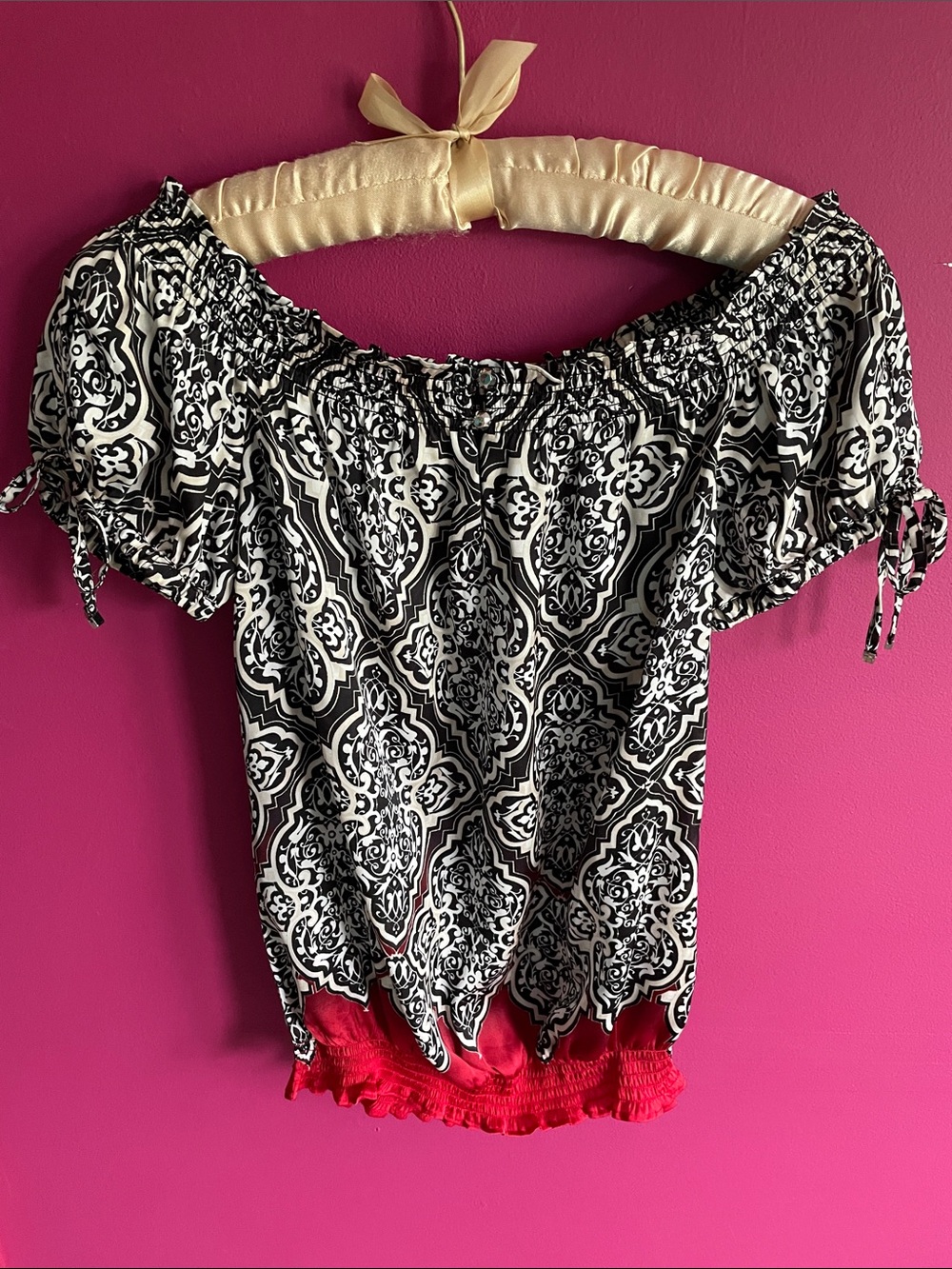 White House Black Market Black & White Printed Off-Shoulder Top with Red Hem
